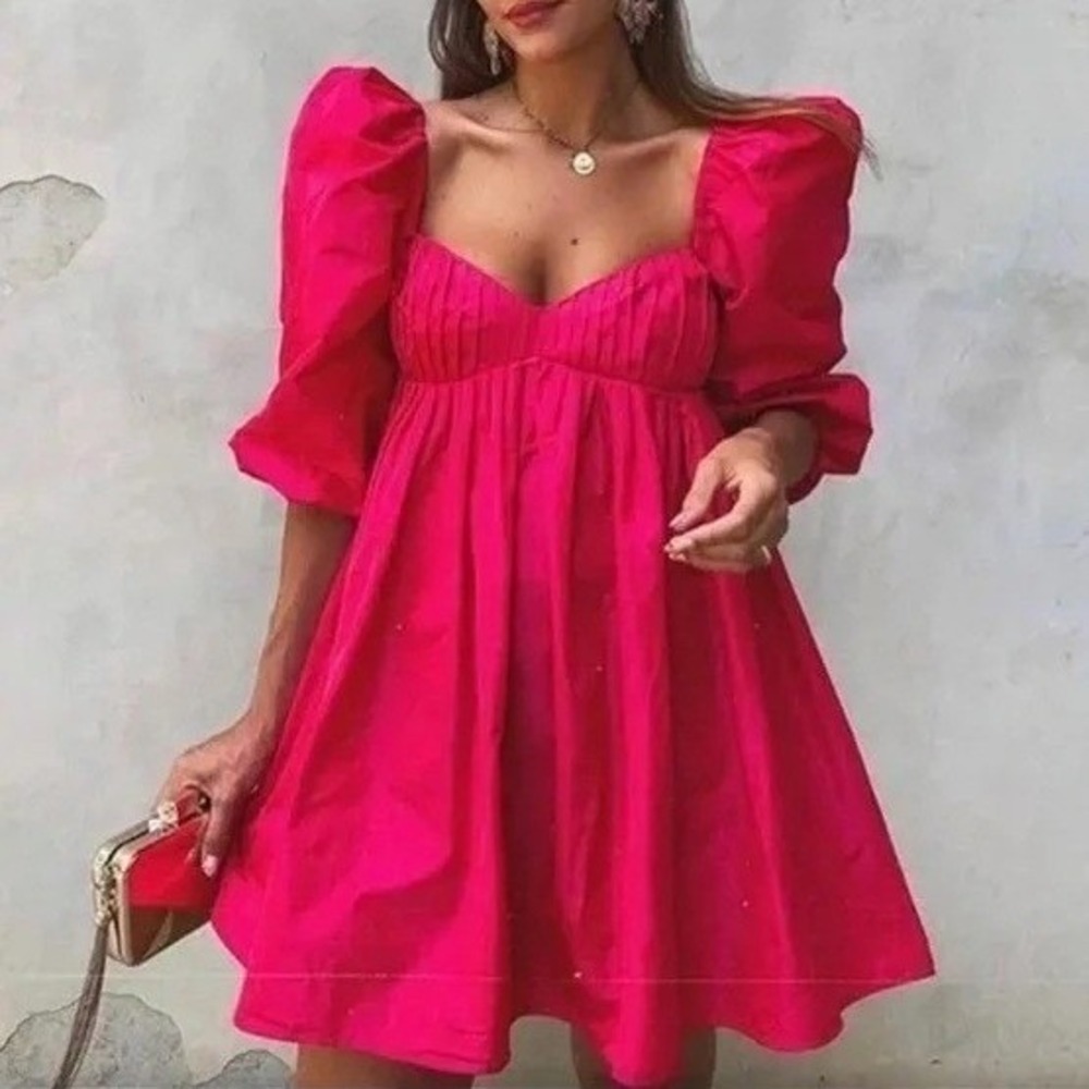 Zara Fuchsia Pink Puff Sleeve Babydoll Mini Dress Square Neck Pleated Size M